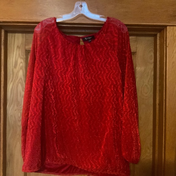 Lily Morgan red shimmer/sparkle party blouse / sheer arms/shoulders XL - Picture 1 of 4